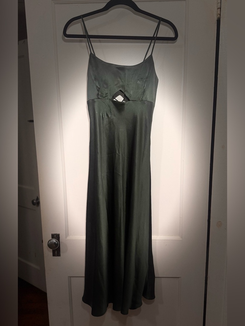 Quince Olive Green Silk Midi Dress with Cutout